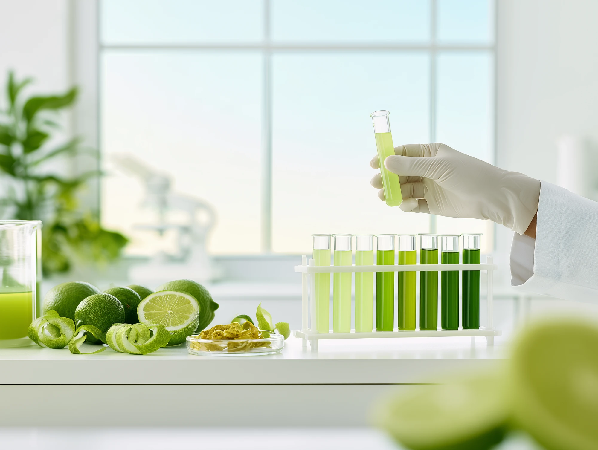 A researcher examining a test tube of lime extract