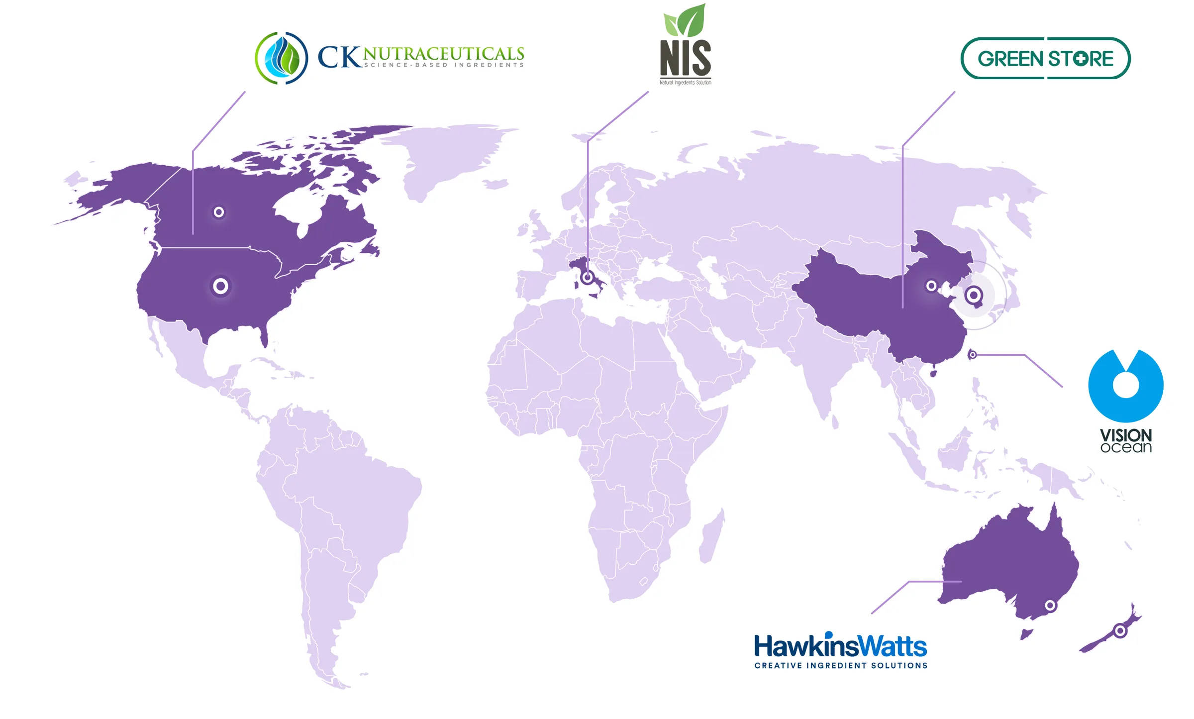 World map showing BENESOMNO™ distribution partners in the United States, Italy, Korea, Taiwan, Australia and New Zealand